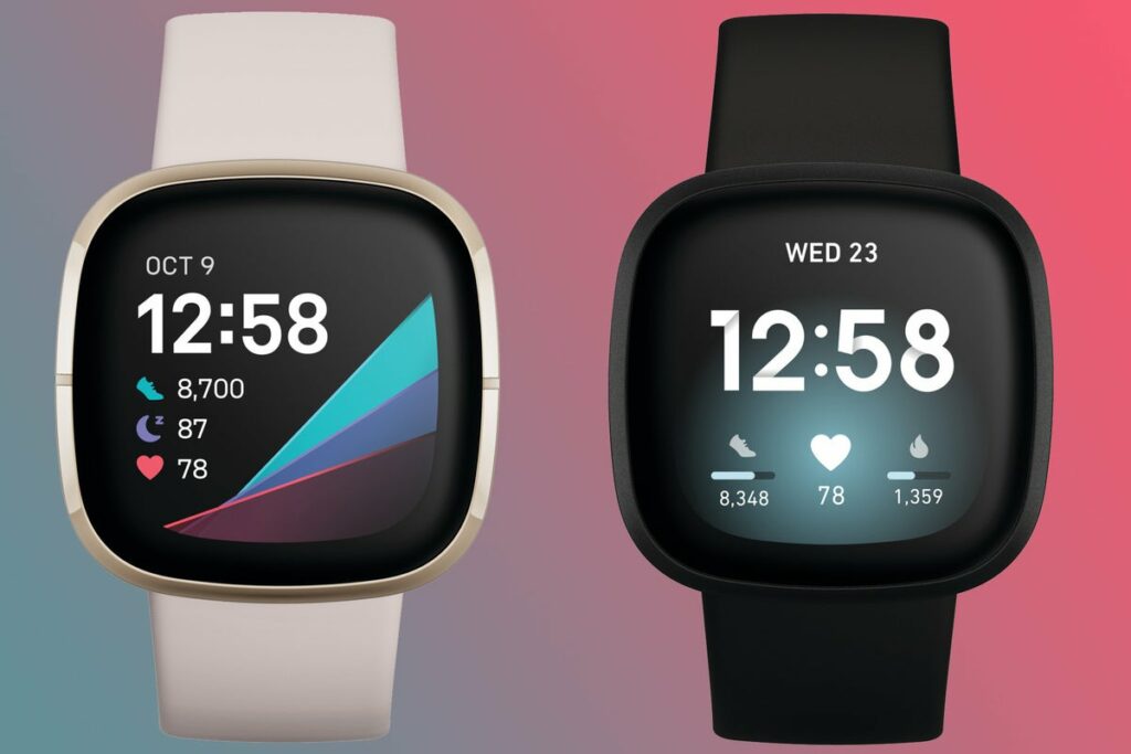 A Fitbit Versa 3 smartwatch displaying fitness tracking features.