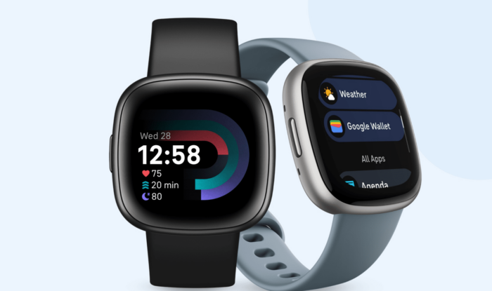 Fitbit Versa 3 smartwatch displaying fitness tracking features.