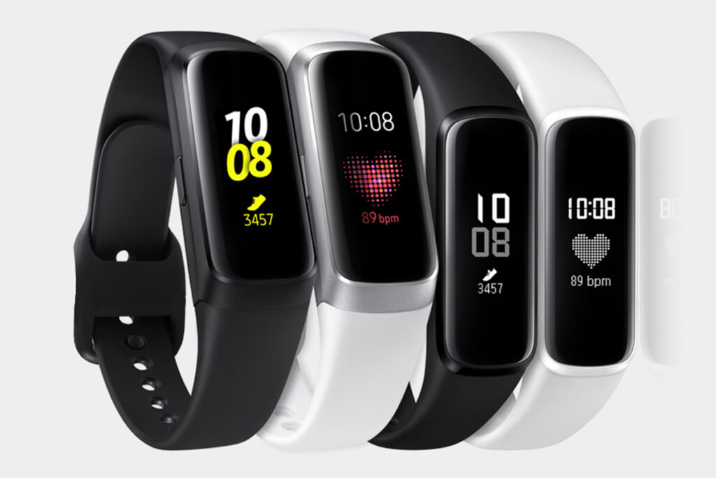 A lineup of Samsung Galaxy Fit smartwatches.