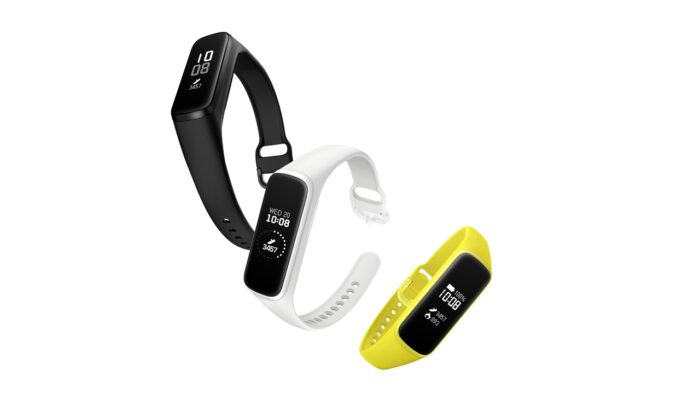 A Samsung Galaxy fitness tracker watch displaying various fitness features.