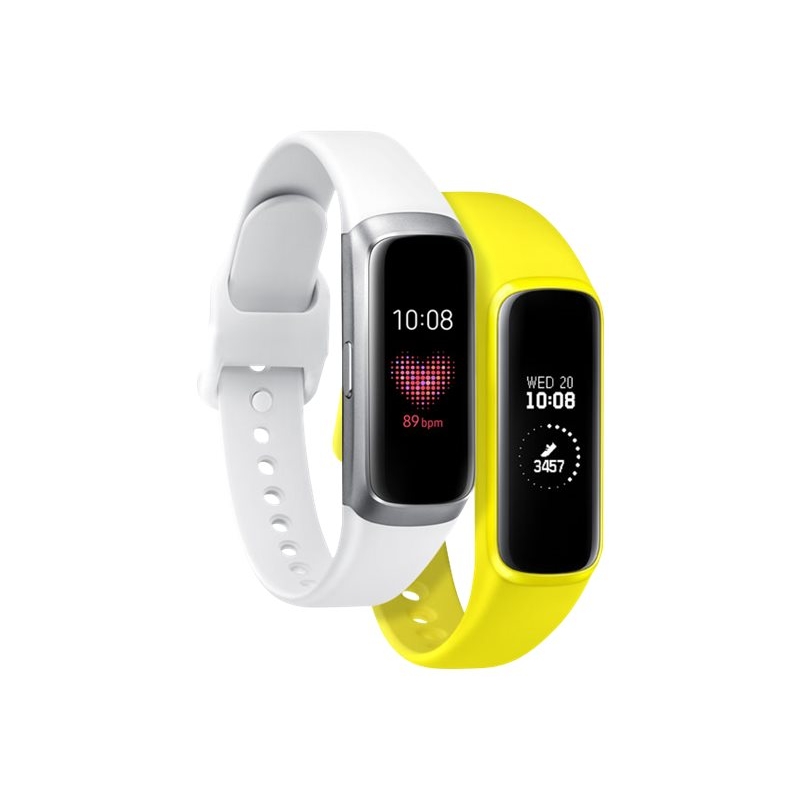 A Samsung Galaxy fitness tracker watch displayed on a wrist.