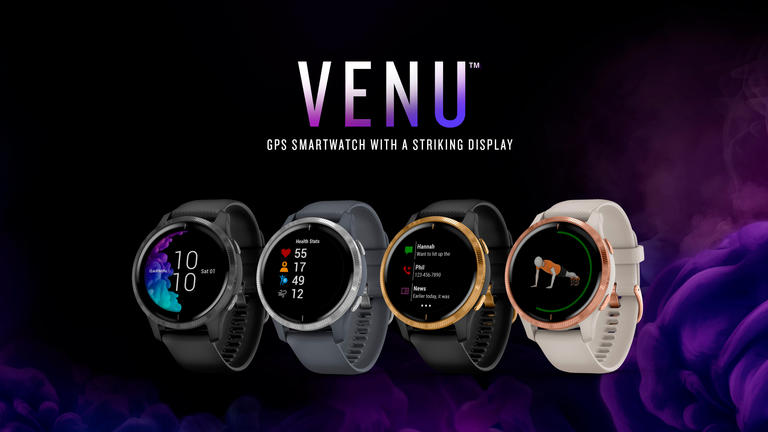 A close-up view of the Garmin Venu GPS Smartwatch with a vibrant display and health tracking features.