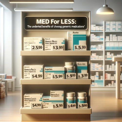 A pharmacy shelf filled with various generic medication boxes and bottles, showcasing lower prices than branded equivalents.