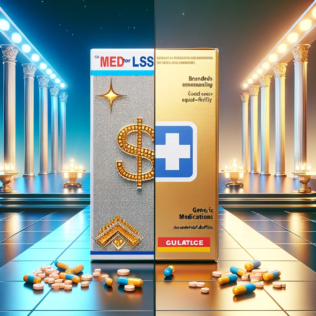 A split image comparing flashy, expensive branded medication on one side and simple, cost-effective generic medication on the other.