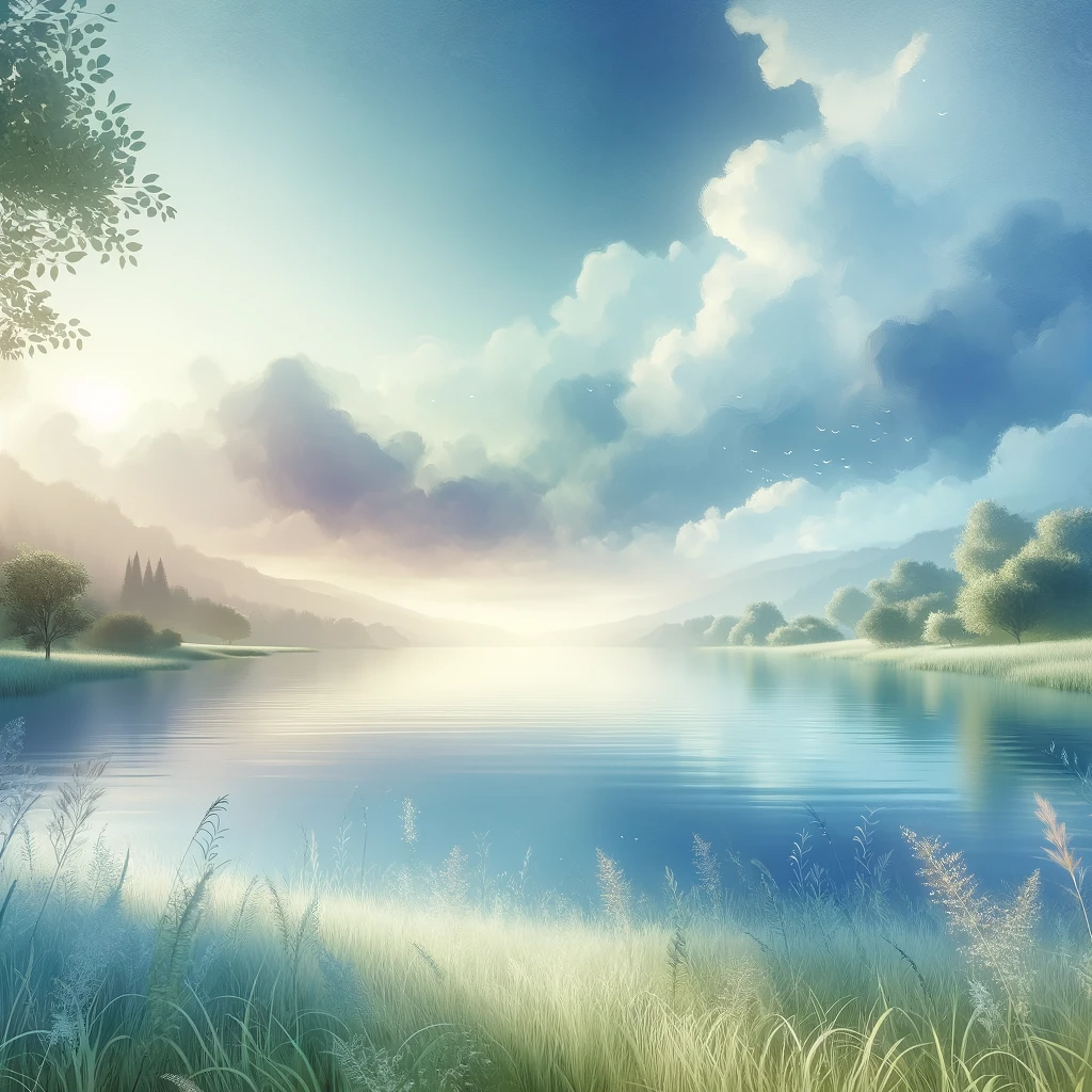 A tranquil scene with a serene lake and a peaceful meadow under a clear sky, symbolizing stress management.