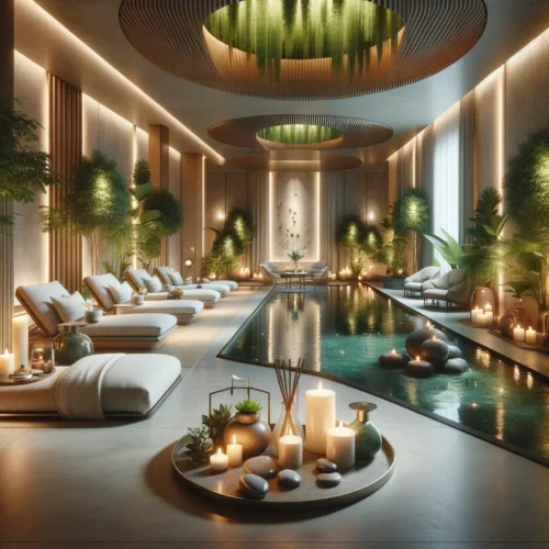 Serene wellness center in Indianapolis with a spa area, water features, and lush greenery.
