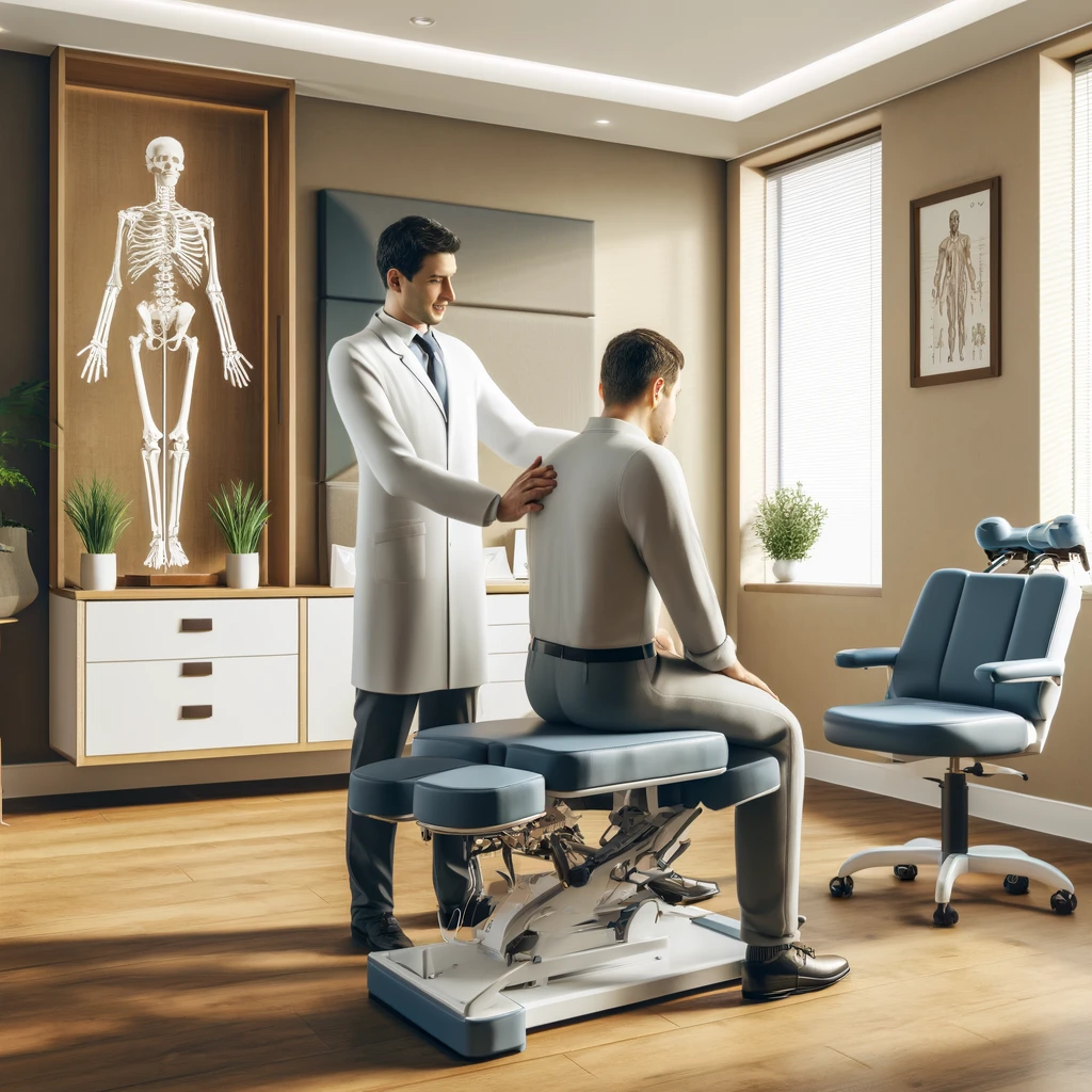 A chiropractor at Kent Chiro-Med Wellness Clinic demonstrates a treatment technique to a patient in a serene, professionally equipped room.