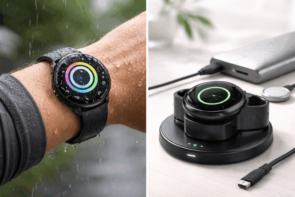 Fitness tracker in rain and charging