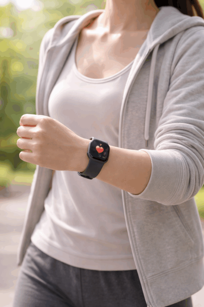 Sunlit walk with fitness tracker